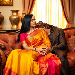 An elegant Indian woman with sleek black hair wearing a beautiful traditional saree in vibrant colors, seated gracefully on a plush, rich fabric couch adorned with intricate embroidery