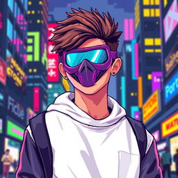 A pixel art style image of a teenager wearing a stylish mask, showcasing vibrant colors and detailed pixelated textures