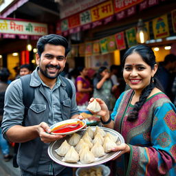 A joyful scene of a man and a woman enjoying traditional Nepali momo dumplings at a lively street food stall