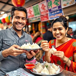 A joyful scene of a man and a woman enjoying traditional Nepali momo dumplings at a lively street food stall