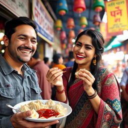 A joyful scene of a man and a woman enjoying traditional Nepali momo dumplings at a lively street food stall