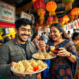 A joyful scene of a man and a woman enjoying traditional Nepali momo dumplings at a lively street food stall
