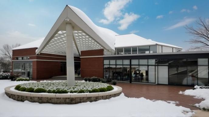 A modern architectural building featuring a triangular roof and large glass windows, with a well-designed entrance