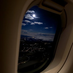 A beautiful airplane window view at night, showcasing a twinkling city skyline below with scattered lights, vivid clouds illuminated by moonlight, and a hint of stars in the dark sky