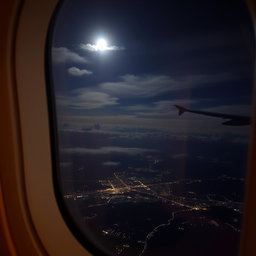 A beautiful airplane window view at night, showcasing a twinkling city skyline below with scattered lights, vivid clouds illuminated by moonlight, and a hint of stars in the dark sky