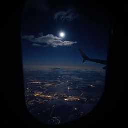 A beautiful airplane window view at night, showcasing a twinkling city skyline below with scattered lights, vivid clouds illuminated by moonlight, and a hint of stars in the dark sky