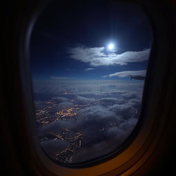A beautiful airplane window view at night, showcasing a twinkling city skyline below with scattered lights, vivid clouds illuminated by moonlight, and a hint of stars in the dark sky