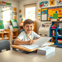 A cheerful young boy effortlessly taking a math test, sitting at a desk with papers and a pencil in hand, surrounded by colorful educational posters on the wall