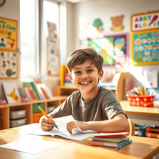 A cheerful young boy effortlessly taking a math test, sitting at a desk with papers and a pencil in hand, surrounded by colorful educational posters on the wall