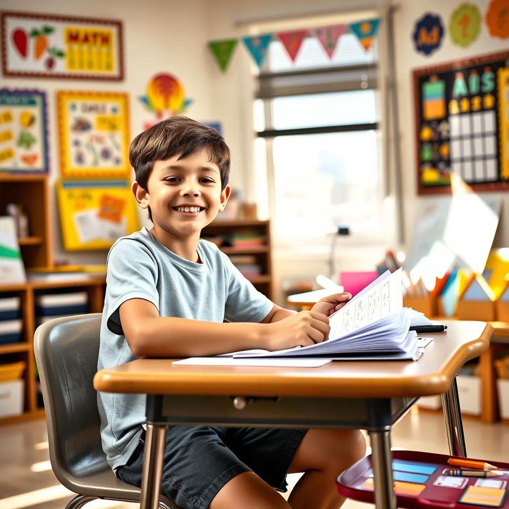 A cheerful young boy effortlessly taking a math test, sitting at a desk with papers and a pencil in hand, surrounded by colorful educational posters on the wall