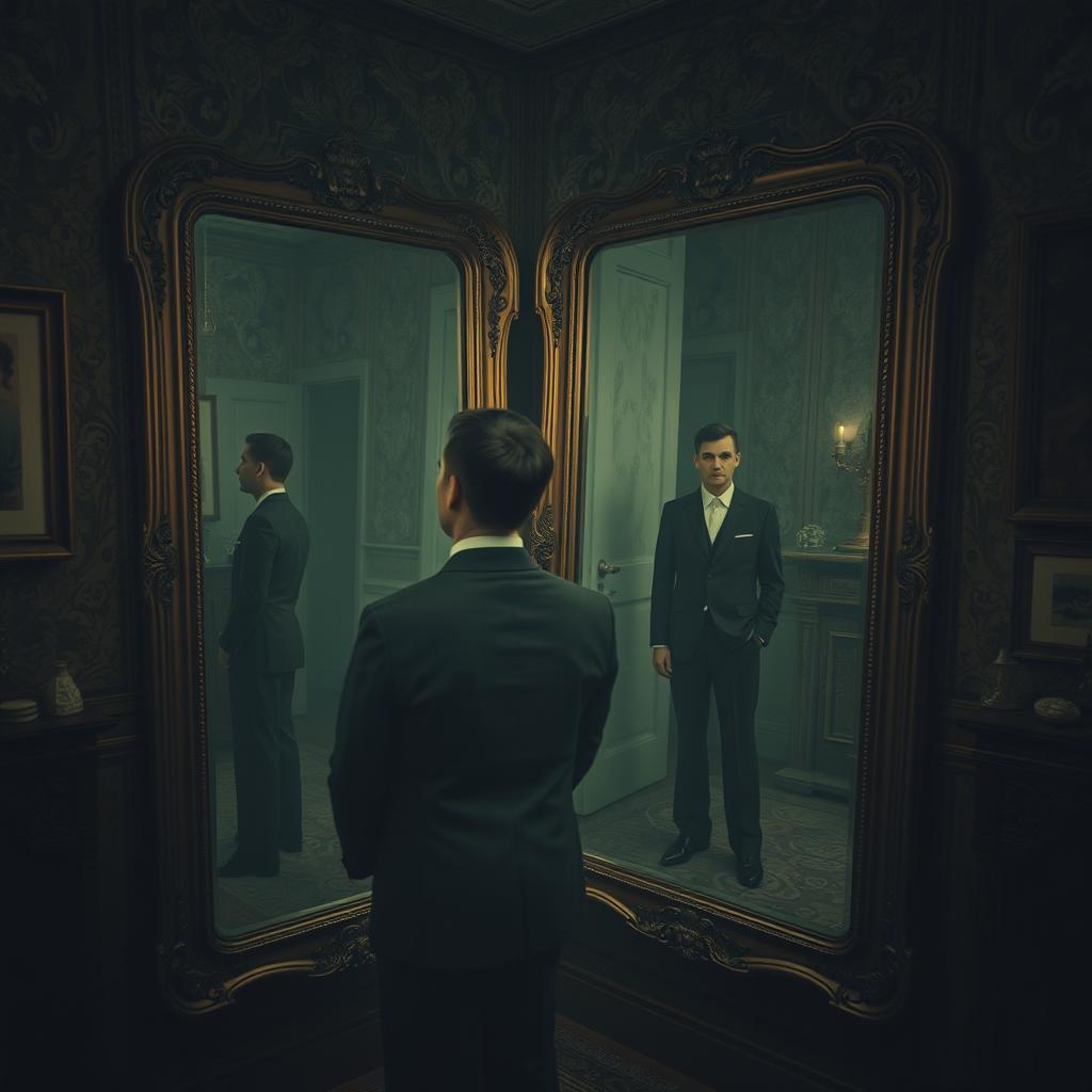 A surreal scene depicting a person standing in front of a mirror