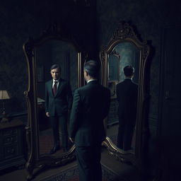 A surreal scene depicting a person standing in front of a mirror