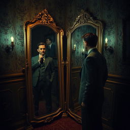 A surreal scene depicting a person standing in front of a mirror