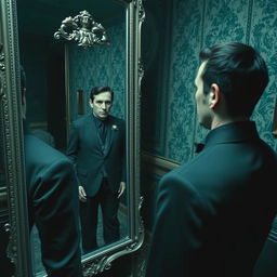 A surreal scene depicting a person standing in front of a mirror