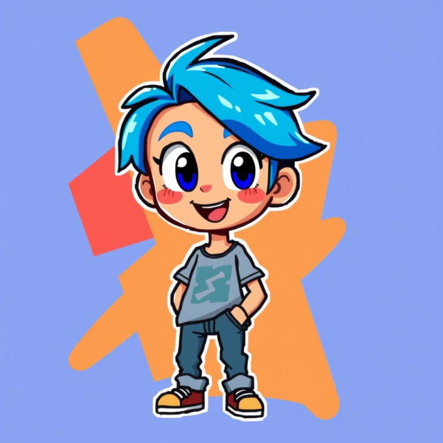 A vibrant and colorful pixel art profile picture featuring a character with bright blue hair, large expressive eyes, and a cheerful smile