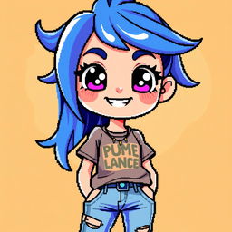 A vibrant and colorful pixel art profile picture featuring a character with bright blue hair, large expressive eyes, and a cheerful smile