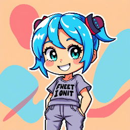 A vibrant and colorful pixel art profile picture featuring a character with bright blue hair, large expressive eyes, and a cheerful smile