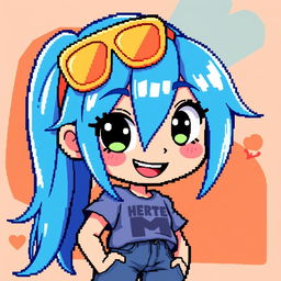 A vibrant and colorful pixel art profile picture featuring a character with bright blue hair, large expressive eyes, and a cheerful smile