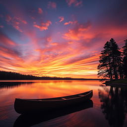 A stunning high-definition photograph of a vibrant sunset over a tranquil lake, with colorful reflections on the water