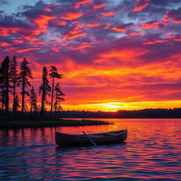 A stunning high-definition photograph of a vibrant sunset over a tranquil lake, with colorful reflections on the water