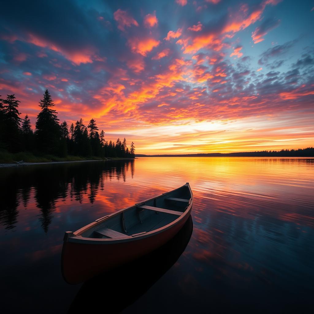A stunning high-definition photograph of a vibrant sunset over a tranquil lake, with colorful reflections on the water