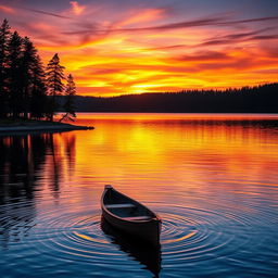 A stunning high-definition photograph of a vibrant sunset over a tranquil lake, with colorful reflections on the water