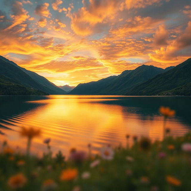 A beautiful landscape featuring a serene lake surrounded by lush green mountains, with a stunningly vibrant sunset casting warm golden and orange hues across the sky, and a soft focus effect that blurs the edges of the scene, creating a dreamy atmosphere