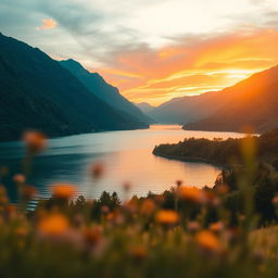 A beautiful landscape featuring a serene lake surrounded by lush green mountains, with a stunningly vibrant sunset casting warm golden and orange hues across the sky, and a soft focus effect that blurs the edges of the scene, creating a dreamy atmosphere