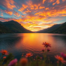 A beautiful landscape featuring a serene lake surrounded by lush green mountains, with a stunningly vibrant sunset casting warm golden and orange hues across the sky, and a soft focus effect that blurs the edges of the scene, creating a dreamy atmosphere
