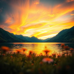 A beautiful landscape featuring a serene lake surrounded by lush green mountains, with a stunningly vibrant sunset casting warm golden and orange hues across the sky, and a soft focus effect that blurs the edges of the scene, creating a dreamy atmosphere