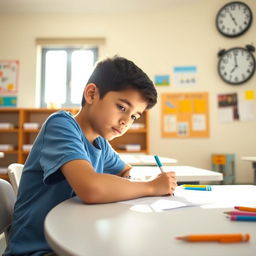 A young boy, confidently sitting at a desk in a bright classroom, taking a math test