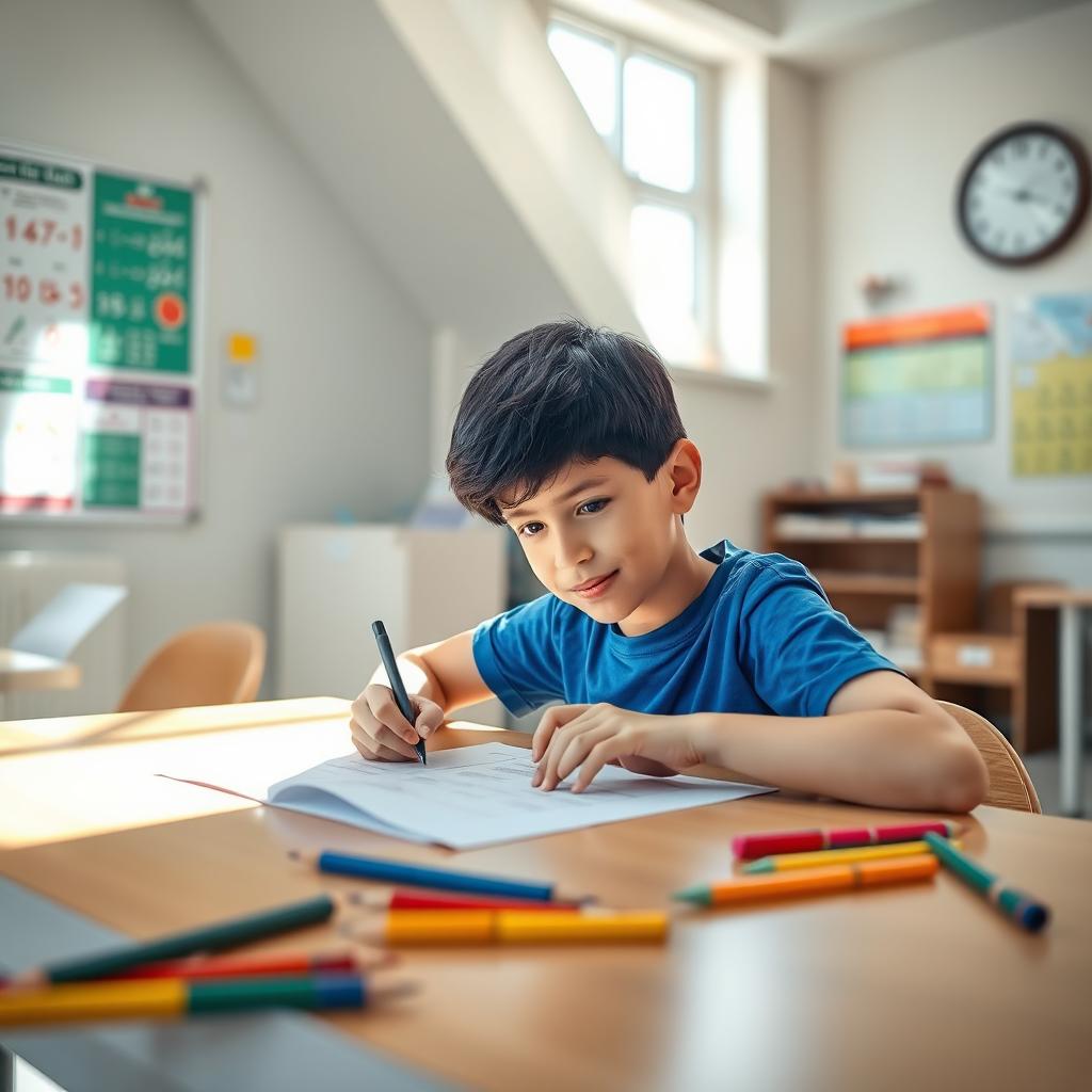A young boy, confidently sitting at a desk in a bright classroom, taking a math test