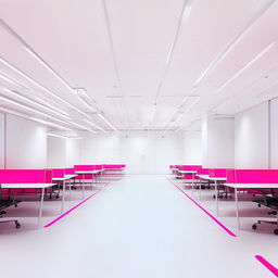 A futuristic co-working space featuring a white vinyl floor, white ceiling, and white lighting. Added hot pink design elements juxtapose against the white. Long co-working style desks and chairs accommodate 30-50 people.