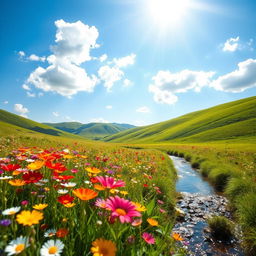 A bright and cheerful landscape with vibrant colors showcasing a beautiful sunny day