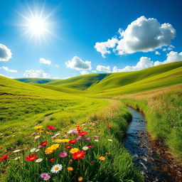 A bright and cheerful landscape with vibrant colors showcasing a beautiful sunny day