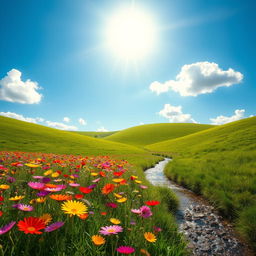 A bright and cheerful landscape with vibrant colors showcasing a beautiful sunny day