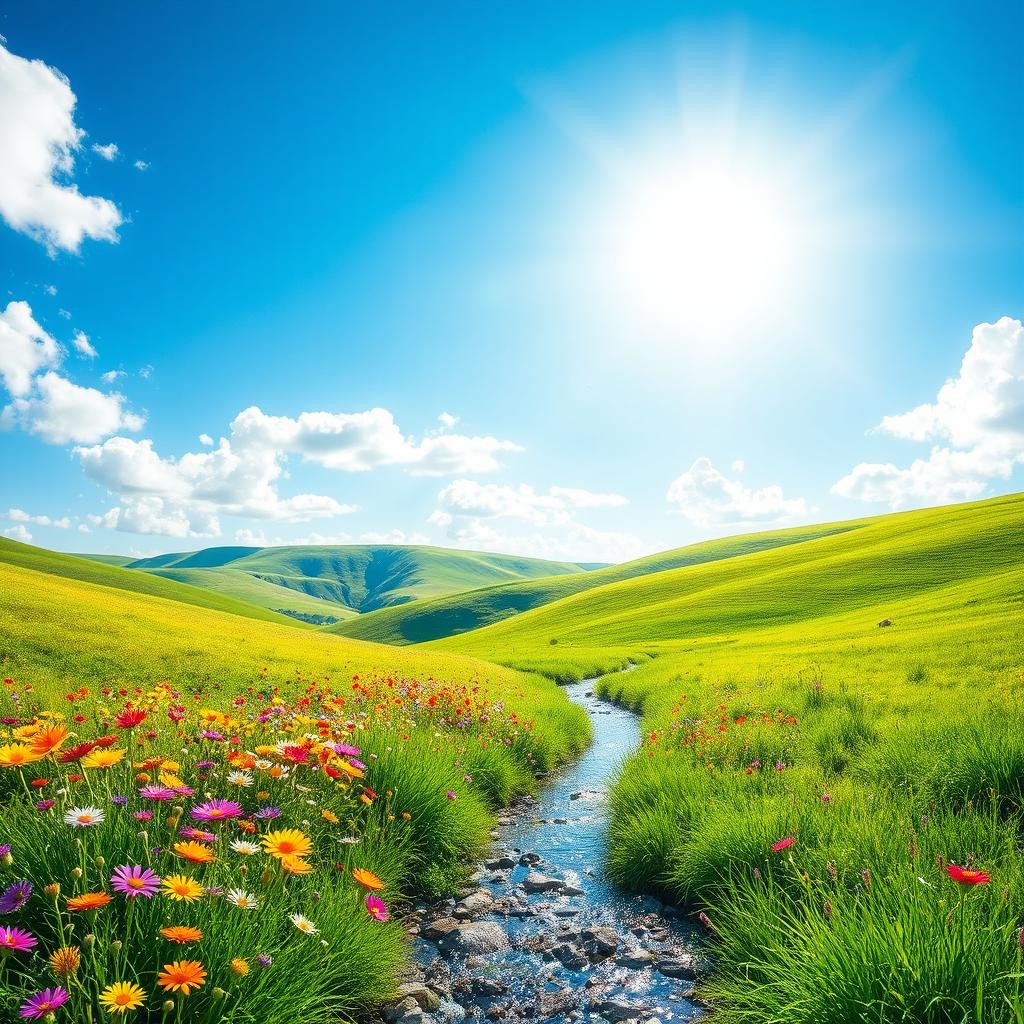 A bright and cheerful landscape with vibrant colors showcasing a beautiful sunny day