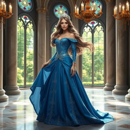 A stunning and elegant princess named Gehle, dressed in a luxurious gown adorned with intricate patterns and shimmering embellishments