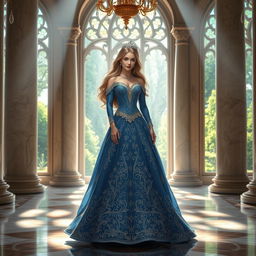 A stunning and elegant princess named Gehle, dressed in a luxurious gown adorned with intricate patterns and shimmering embellishments