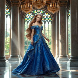 A stunning and elegant princess named Gehle, dressed in a luxurious gown adorned with intricate patterns and shimmering embellishments