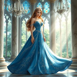 A stunning and elegant princess named Gehle, dressed in a luxurious gown adorned with intricate patterns and shimmering embellishments
