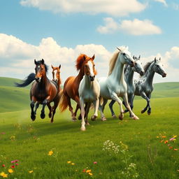 A serene and powerful depiction of seven majestic running horses in a lush, green landscape, symbolizing energy and good fortune in Feng Shui