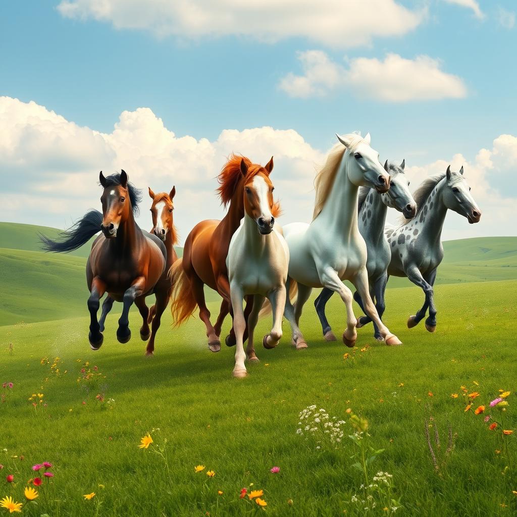 A serene and powerful depiction of seven majestic running horses in a lush, green landscape, symbolizing energy and good fortune in Feng Shui
