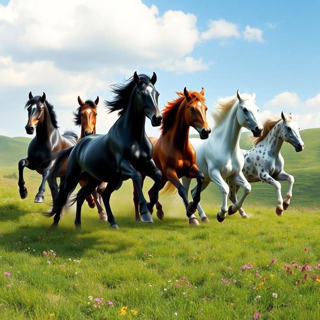 A serene and powerful depiction of seven majestic running horses in a lush, green landscape, symbolizing energy and good fortune in Feng Shui