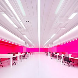 A futuristic co-working space featuring a white vinyl floor, white ceiling, and white lighting. Added hot pink design elements juxtapose against the white. Long co-working style desks and chairs accommodate 30-50 people.