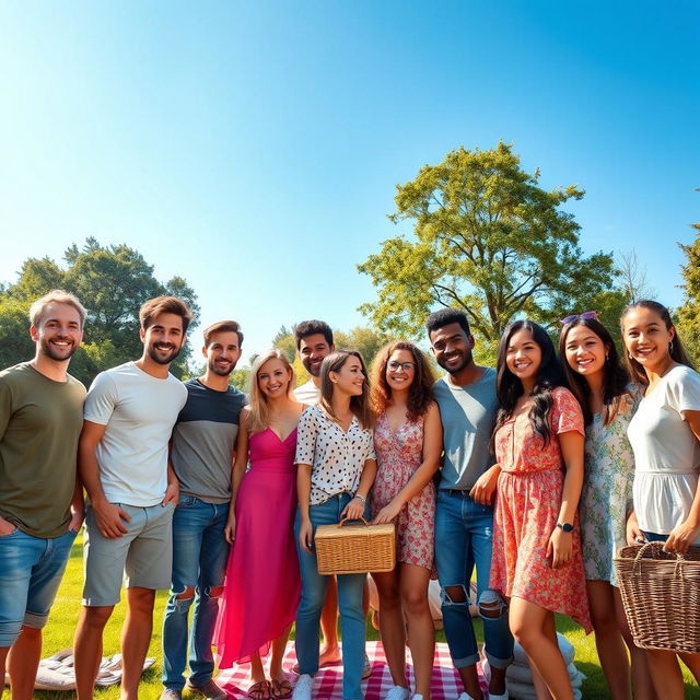 A vibrant and cheerful group photo featuring a diverse group of friends gathered together outdoors