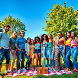 A vibrant and cheerful group photo featuring a diverse group of friends gathered together outdoors