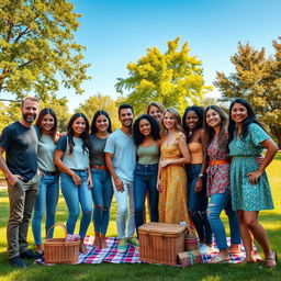 A vibrant and cheerful group photo featuring a diverse group of friends gathered together outdoors