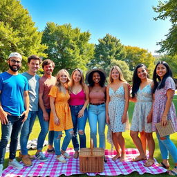 A vibrant and cheerful group photo featuring a diverse group of friends gathered together outdoors