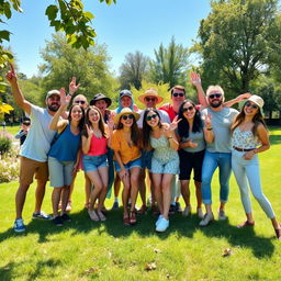 A lively group photo capturing the joy of a diverse group of friends gathered together in a sunny park